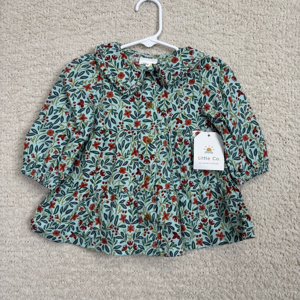 Little Co Dress Infant‎ Girl 3M Green Cottage Prairie Blue Green Floral Tiered